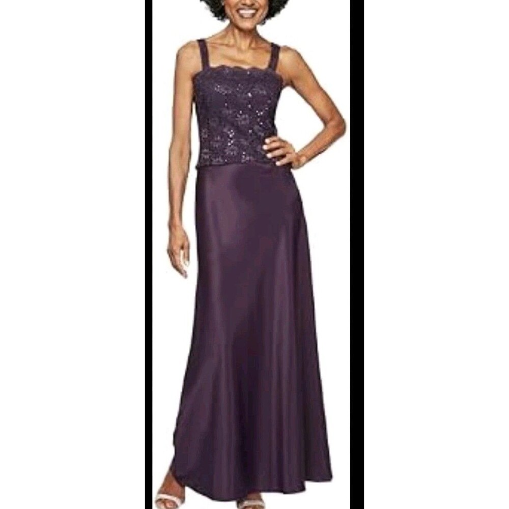 Alex Evenings Gown Eggplant Purple Embroidered Lace Size 6P Mother Of Bride